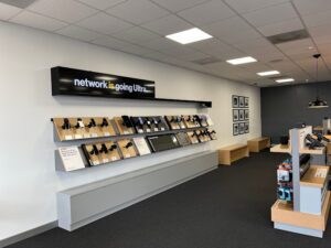 Interior photo showing smartphone displays 